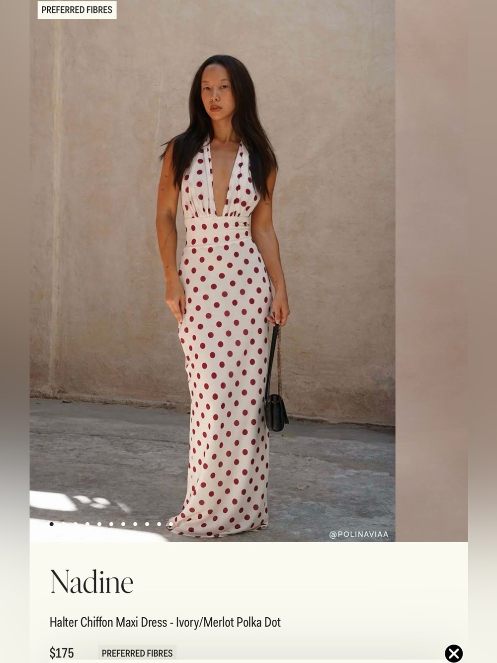 NWT - Meshki - Nadine
Halter Chiffon Maxi Dress - Ivory/Merlot Polka Dot